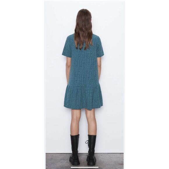 ZARA textured blue green mock turtleneck skater dress fit flare Sz M textured - Picture 3 of 12